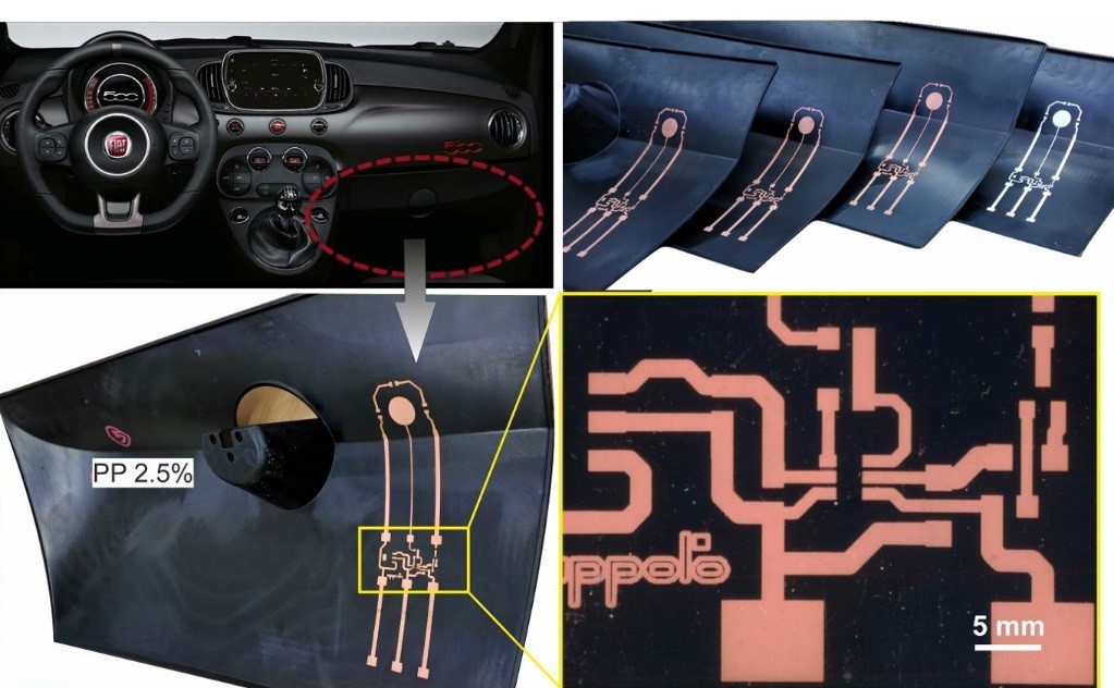 Electronic circuit traces of capacitive touch button for Fiat 500 gloves box cover. Fabricated using SSAIL technology