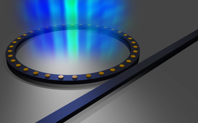 SOI optinis žiedinis rezonatorius su sukurtais aukso nanodiskais.